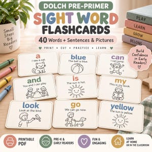May include: A set of Dolch pre-primer sight word flashcards featuring 40 words, sentences, and black-and-white illustrations. The cards display words like a, blue, can, and, is, my, look, go, and yellow with corresponding simple line drawings.
