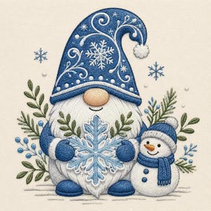 May include: An embroidered design featuring a gnome with a long white beard wearing a blue hat decorated with white snowflakes and swirls. The gnome holds a large light blue snowflake, accompanied by a small snowman and green foliage.