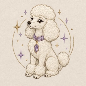 May include: An embroidery design featuring a white poodle with curly fur, wearing a purple collar with a matching purple crystal pendant. The poodle is surrounded by a thin gold circular frame, accented with small purple and gold four-pointed stars.
