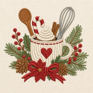 Puede incluir: Un diseño de bordado que muestra una taza blanca con un corazón rojo, llena de nata montada, un bastón de caramelo y ramas de canela. Una cuchara de madera y un batidor de metal están dentro. La taza está rodeada de ramas de pino, bayas rojas, piñas y un lazo de flor de pascua rojo.