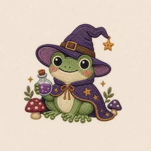 Puede incluir: Un parche bordado que muestra una rana verde con un sombrero de mago y una capa morada con estrellas doradas. La rana sostiene una pequeña botella de vidrio con líquido morado, flanqueada por una seta roja con puntos blancos y una seta morada.