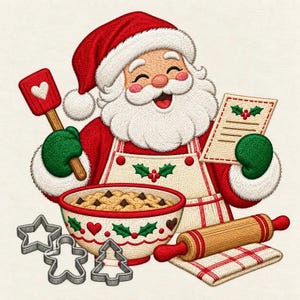 May include: An embroidered illustration of Santa Claus wearing a red hat and white apron, holding a red spatula with a white heart and a recipe card. A bowl of chocolate chip cookies, a wooden rolling pin, and three metal cookie cutters are visible.