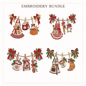 May include: Four embroidery designs labeled EMBROIDERY BUNDLE featuring kitchen-themed items hanging on ropes with clothespins. Elements include aprons, mugs, a pumpkin, a rolling pin, a star cookie, coffee beans, a candy cane, and a croissant.