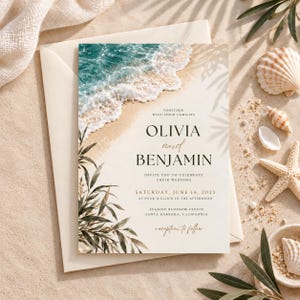 Puede incluir: Una tarjeta de invitación de boda rectangular con una imagen impresa de olas del mar rompiendo en una playa de arena. El texto dice: Together with their families, Olivia and Benjamin, invite you to celebrate their wedding, June 14, 2025.