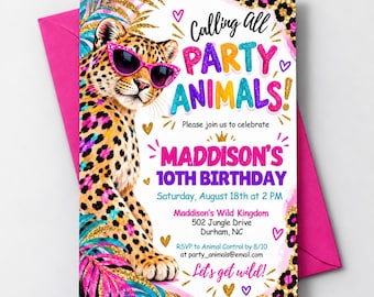 Calling All party Animals Birthday Invitation | Pink Glitter Invitation | Leopard Birthday Invite | Editable Canva Invite | Digital Download