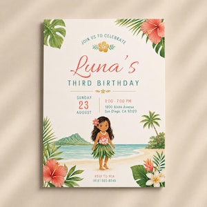 Moana Birthday Invitation | Tropical Island Party Invite | Editable Girls Birthday Template | Ocean Princess Party Invitation for Kids Party