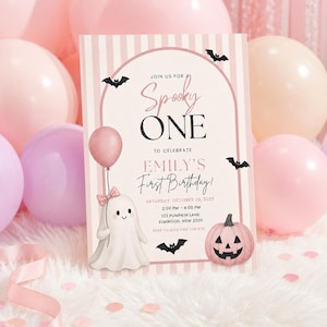May include: A rectangular birthday invitation card with a light pink and white striped background. The text reads: Join us for a Spooky ONE to celebrate Emily's First Birthday, Saturday, October 25, 2025, 2:00 PM - 4:00 PM, 123 Pumpkin Lane, Elmwood, NSW 2200, RSVP to Alex 0412 345 678. It features a white ghost holding a pink balloon, a pink jack-o'-lantern, and black bats.