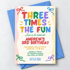 楽しさ3倍！3歳の誕生日招待状｜3歳の誕生日パーティー招待状｜編集可能なCanva誕生日テンプレート｜キッズパーティー｜デジタルダウンロード