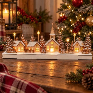 Könnte beinhalten: Ein hölzernes Weihnachtsdorf mit einer zentralen Kirche, mehreren kleinen Häusern und Tannenbäumen mit schneebedeckten Dächern. Die Gebäude sind von innen beleuchtet und die Szene wird durch drei leuchtende, sternförmige Stäbe ergänzt.