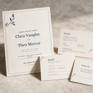 Puede incluir: Un conjunto de invitaciones de boda que incluye una invitación principal, tarjeta RSVP, tarjeta de detalles y nota de agradecimiento. La papelería color crema muestra texto azul oscuro, incluyendo los nombres Clara Vaughn y Theo Mercer, con ilustraciones de hojas azules.