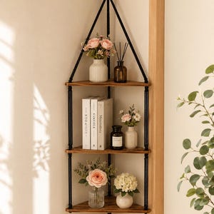 May include: A three-tiered corner shelf featuring dark brown wooden triangular shelves suspended by black rope. The unit hangs from a wooden ring and includes a black tassel at the bottom. It holds various vases, flowers, and books.