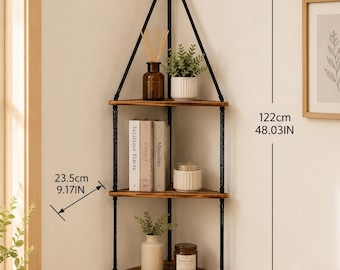 Wooden Corner Shelf, Boho Wall Decor, Floating Plant Shelf, Macrame Display Stand, Nordic Home Organizer