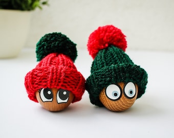 Knitted Egg Cozies in Green and Red - Set of 2 Egg Warmer Hats - Table Decor Pom Pom Hat - Easter gift For couple - Holiday home decor