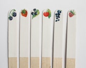 Indoor garden markers - wooden stakes with wild berries ornament - red and blue plant tags - spring herb garden decor set of 6 - Blank signs