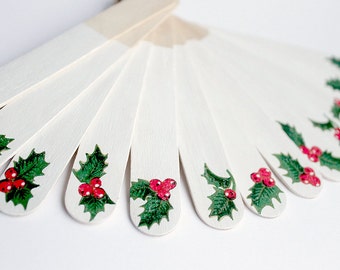 Indoor Garden Plant Tags with Red Berries - Wooden Blank Herb Garden Markers In Red Green Christmas Gift for Gardener set of 12 herb tags