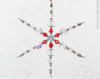 Red glass sun catcher snowflake beaded home decor - Holiday ornament for tree clear faceted beads sun catcher gift for host on housewarming