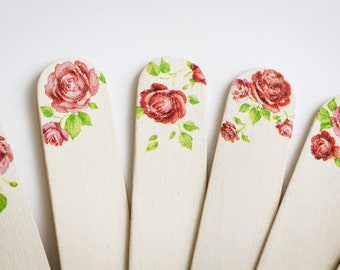 Herb garden markers with pink and red roses design - set of 7 wooden windowsill indoor gardening planting tags - gift for gardener or mom