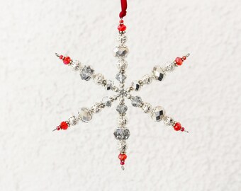 Funkelnder Sonnenfänger Schneeflocke - Reflektierender Roter und silberfarbener Christbaumschmuck - Weihnachtsgeschenk für Mama - Winter Dekoration