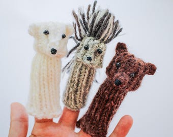 Waldtiere Fingerpuppen - Eisbär, Igel, Braunbär 3er Set gestrickte Handpuppen für Logopädie - Kinder Lernspiel