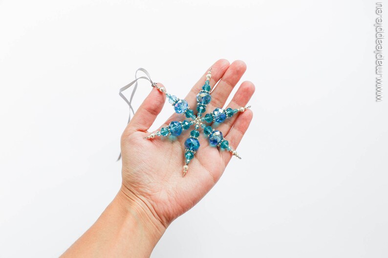 Blue beaded snowflake glass decoration in blue and silver holiday gift Christmas tree ornament holiday decor glass suncatcher image 4