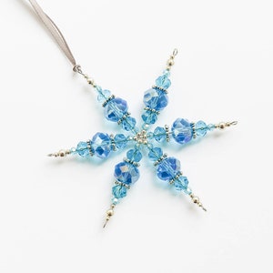 Blue beaded snowflake glass decoration in blue and silver holiday gift Christmas tree ornament holiday decor glass suncatcher image 2