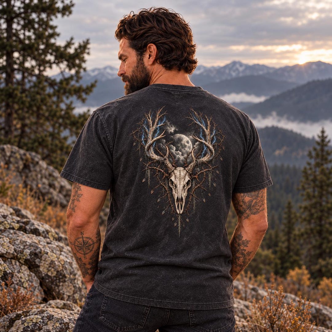 Model wearing the Storm Antler stag skull shirt outdoors