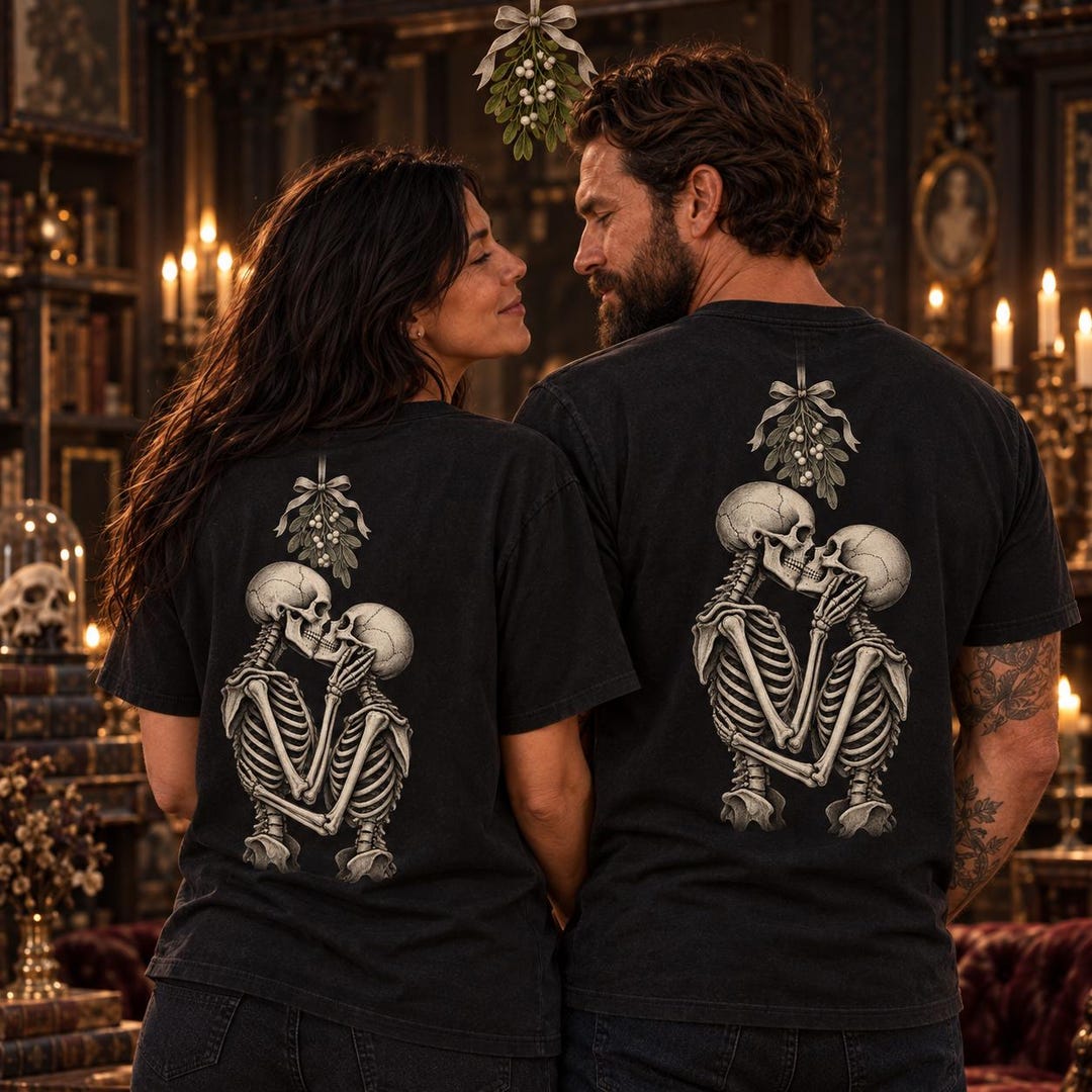 Kissing skeletons under mistletoe shirt