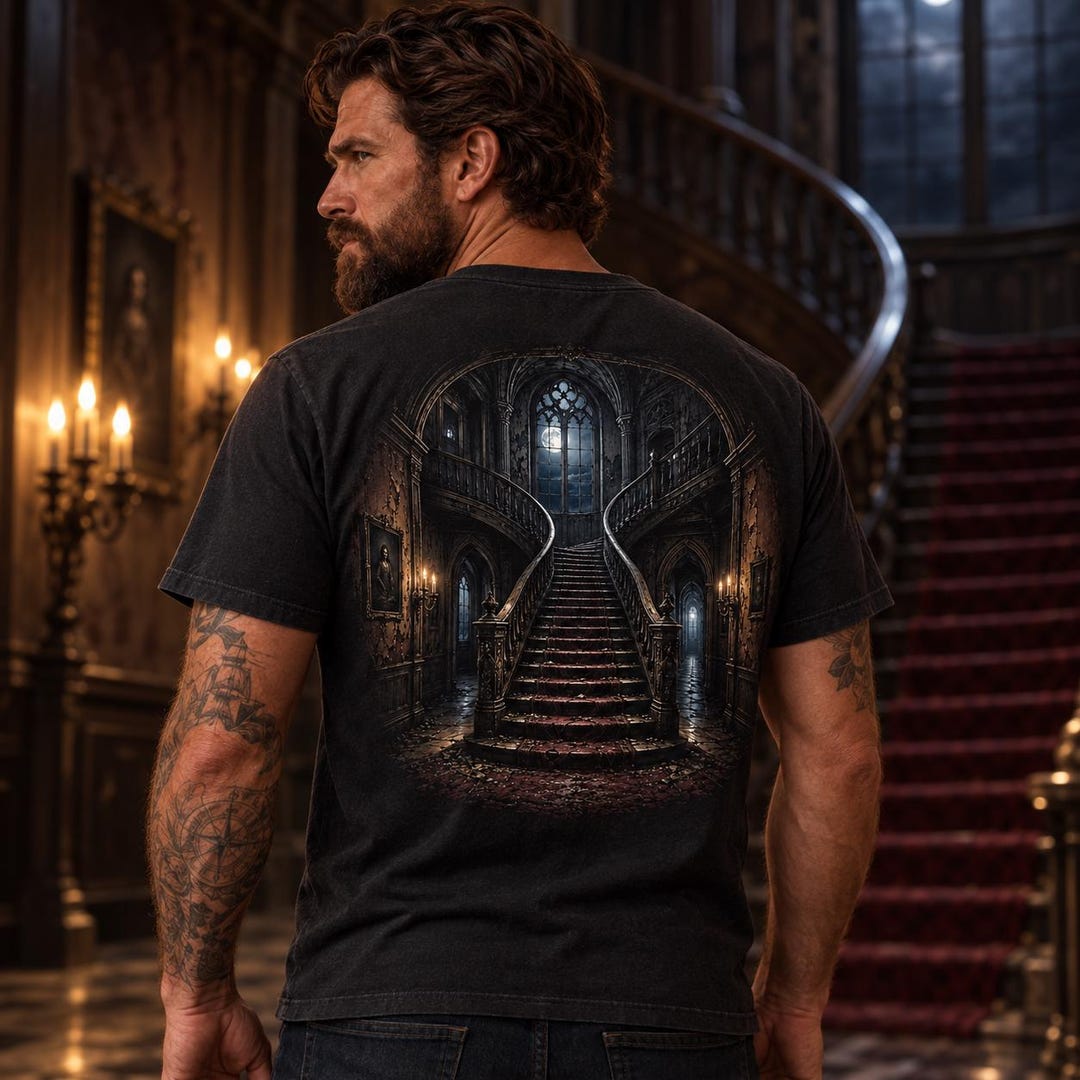 Haunted mansion interior gothic staircase shirt