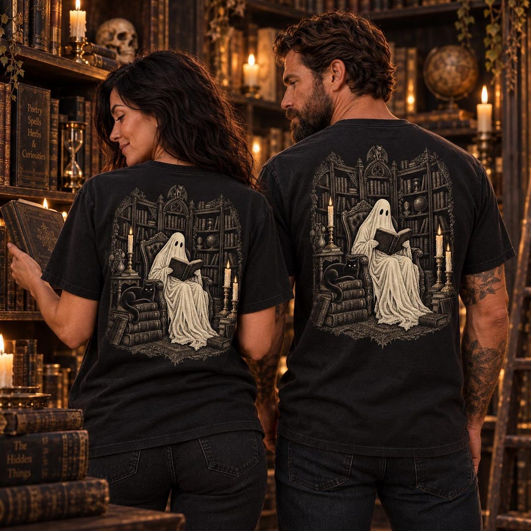 Ghost reading in an old library shirt