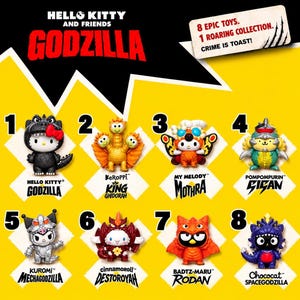 Pode incluir: Uma coleção de oito figuras Hello Kitty and Friends Godzilla num fundo amarelo. O texto diz: Hello Kitty and Friends Godzilla, 8 epic toys. 1 roaring collection. Crime is toast! Cada figura numerada retrata uma personagem com um fato de monstro.