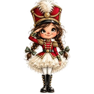 Puede incluir: Una ilustración de dibujos animados de un personaje vestido como soldado de juguete, con una chaqueta roja con charreteras de flecos dorados, una falda blanca con volantes y un sombrero rojo alto con una pluma blanca. Tiene trenzas y botas negras.