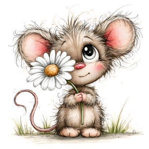 Könnte beinhalten: Eine flauschige, hellbraune Maus mit großen Ohren und rosa Akzenten an den Wangen und Ohren, die ein weißes Gänseblümchen mit gelber Mitte hält. Die Maus hat einen langen, dünnen Schwanz und ist in einem detaillierten Illustrationsstil gezeichnet.