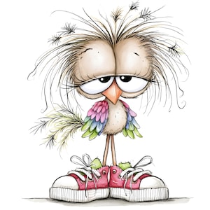 May include: A cartoon illustration of a bird with messy, spiky brown feathers, large eyes, and a small orange beak. The bird has colorful wings with pink, blue, and green feathers and is wearing oversized pink and white lace-up sneakers on its feet.