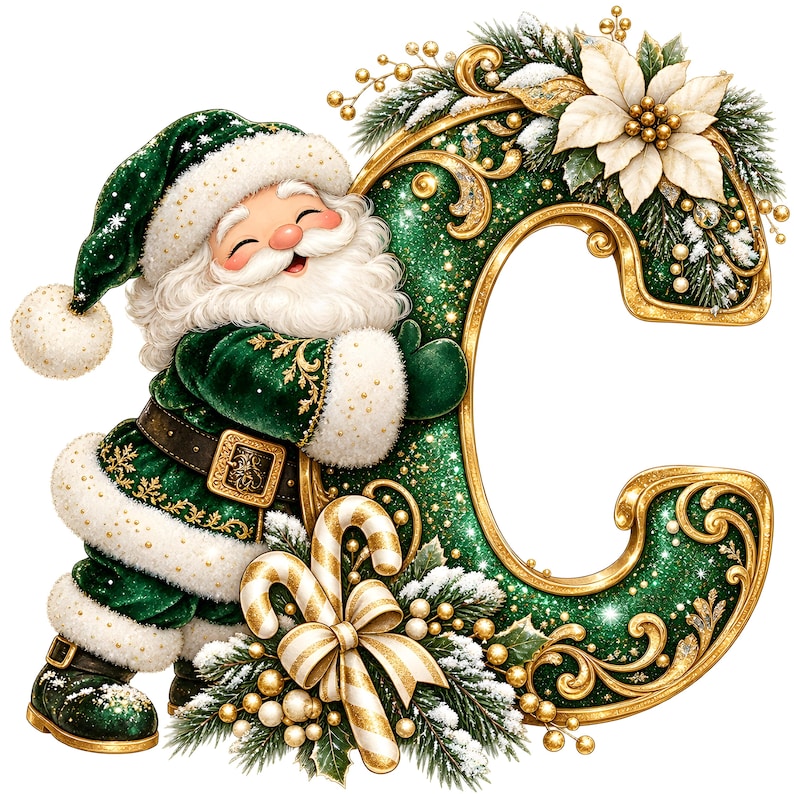 JPG Santa Alphabet Clipart, Christmas Letters & Numbers, Green and Gold ...