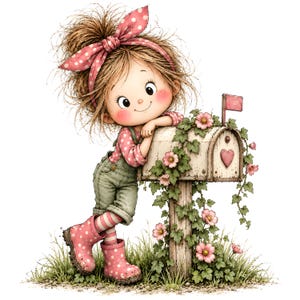 Könnte beinhalten: Eine Cartoon-Illustration eines Kindes mit zerzaustem braunem Haar und einem rosa gepunkteten Stirnband, das rosa gepunktete Stiefel und eine grüne Latzhose trägt und sich an einen verwitterten Briefkasten mit rosa Herz und Blumen lehnt.