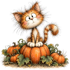 Könnte beinhalten: Eine flauschige, orangefarbene getigerte Katze mit großen Augen und struppigem Fell sitzt auf einem großen, runden, orangefarbenen Kürbis. Die Katze ist von mehreren kleineren Kürbissen und grünen Kürbisblättern umgeben.