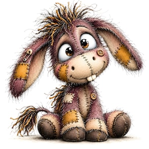 May include: A plush donkey toy with shaggy purple fur, featuring multiple tan patches stitched onto its body, ears, and limbs. The donkey has large brown eyes, two prominent front teeth, a small safety pin on one ear, and brown buttons.