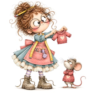 Könnte beinhalten: Eine digitale Illustration einer Person mit braunem Dutt, runder Brille, blauem Hemd, rosa Schürze mit Nähutensilien und braunen Stiefeln. Die Person hält einen kleinen rosa Pullover mit Herz, während eine Maus einen passenden Pullover trägt.