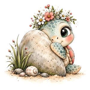 Può includere: Una tartaruga dei cartoni animati con grandi occhi e guance rosa che sbuca da dietro una grande roccia grigia. La tartaruga indossa una corona di fiori rosa e bianchi. Accanto alla roccia ci sono fili d'erba verde, ciottoli e una conchiglia.