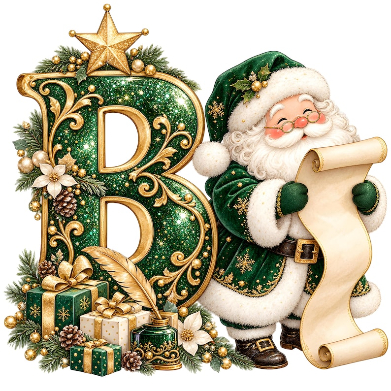 JPG Santa Alphabet Clipart, Christmas Letters & Numbers, Green and Gold ...