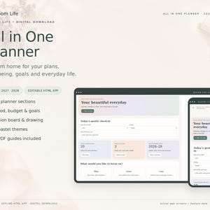 May include: A digital Bloom Life All in One Planner for 2026-2028 displayed on a desktop monitor and a smartphone screen. The interface features pastel-coloured sections for mood, budget, goals, and a gentle check-in, with text labels in dark green.