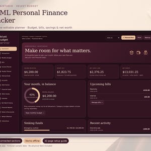 Puede incluir: Una interfaz digital de seguimiento de finanzas personales con tema oscuro en una pantalla. El panel incluye secciones para ingresos, gastos, flujo de caja, patrimonio neto, facturas y fondos con el texto Make room for what matters.