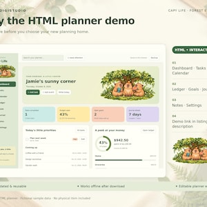 Interactive HTML Life Planner, Capybara Forest Theme with Budget Tracker, Calendar, Goals and Journal