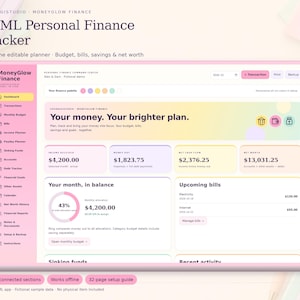 May include: A digital HTML personal finance tracker interface titled MoneyGlow Finance. The dashboard displays financial metrics including income, expenses, net cash flow, and net worth, with sections for monthly budget, bills, and savings goals.