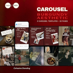 May include: A digital marketing template set featuring a deep burgundy color scheme with white text. The graphics display social media carousel layouts, including text overlays like 'STOP CREATING FOR everyone', 'TEACH ENOUGH TO BUILD trust', and 'SELL THE transformation NOT THE OFFER'.