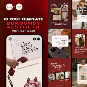Peut inclure: Un ensemble de modèles de publications Instagram avec une palette de couleurs bordeaux. La mise en page comprend divers cadres pour photos, des textes comme Let's build together, Trending Cafes New York Edition, et un graphique de téléphone.