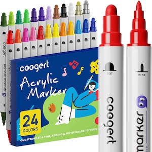 Könnte beinhalten: Ein Set aus 24 Coogert Acrylmarkern in einer blauen Schachtel mit grafischer Illustration. Die Marker haben weiße Gehäuse mit zwei Spitzen, beschriftet als dot und fine, und sind in Reihen angeordnet, die eine Vielzahl lebendiger Farben zeigen.