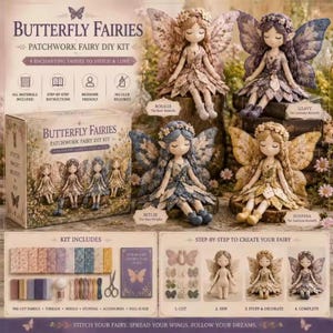May include: A Butterfly Fairies patchwork fairy DIY kit featuring four fabric dolls named Rosalie, Lilavy, Skylee, and Sunniva. The box displays the kit contents, including pre-cut fabrics, threads, needles, stuffing, and a step-by-step guide.