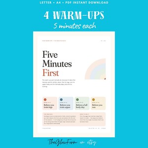 May include: A digital document titled 4 Warm-Ups 5 minutes each, featuring a Five Minutes First header. It includes four sections: Before you train legs, Before you train upper, Before a full body day, and Before you run, with a pastel rainbow graphic.