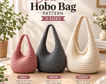Crochet Hobo Bag Pattern PDF, Boho Slouchy Shoulder Purse, Crochet Tote Bag Tutorial, 3 Sizes, Easy Beginner Pattern, Instant Download